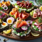 Smørrebrød: El Sándwich Abierto Danés El smørrebrød es un icónico plato danés, conocido por ser un sándwich abierto con una variedad de ingredientes frescos y deliciosos, servido sobre una rebanada de pan de centeno oscuro. Este plato es perfecto para un almuerzo ligero o una merienda elegante, ofreciendo una explosión de sabores y