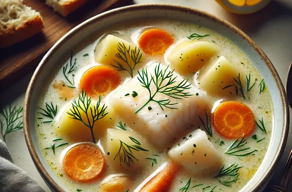 Sopa de pescado noruega con crema y eneldo